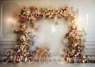 Fondo de celebración de cumpleaños y boda con arco de flores de arte fino pintado por Mini MakeBelieve