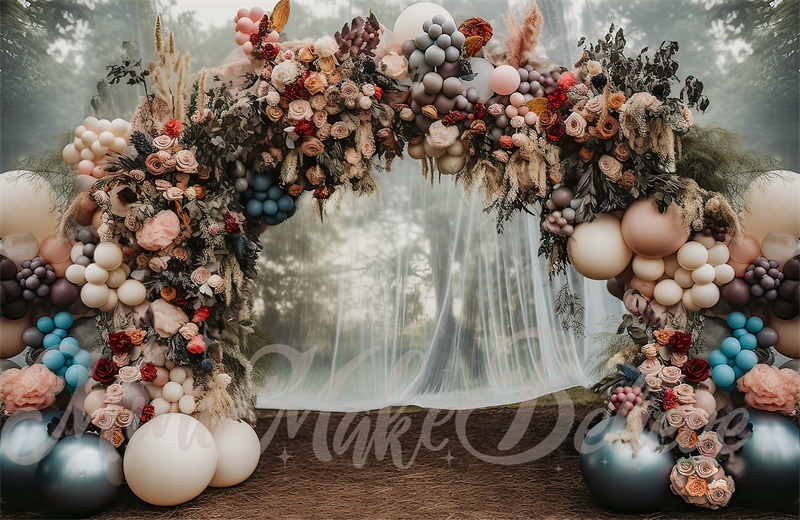 Kate Painterly Fine Art Forest Muted Pastel Arch with Curtain Backdrop Designed by Mini MakeBelieve