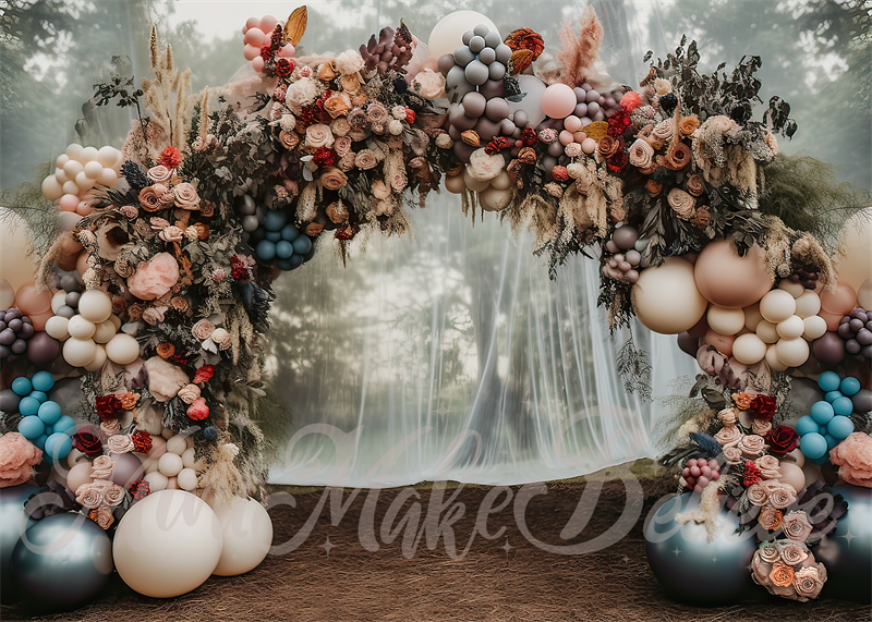 Kate Painterly Fine Art Forest Muted Pastel Arch with Curtain Backdrop Designed by Mini MakeBelieve