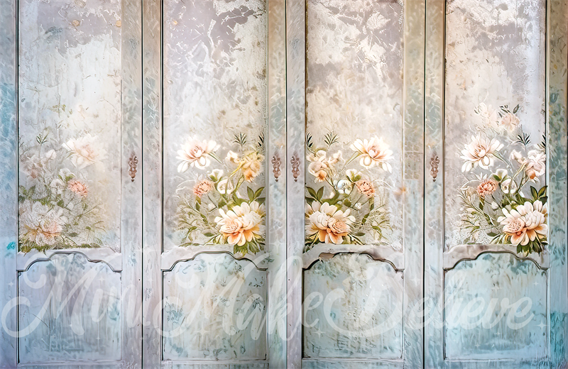Kate Painterly Fine Art Watercolor French Doors with Floral Backdrop Designed by Mini MakeBelieve