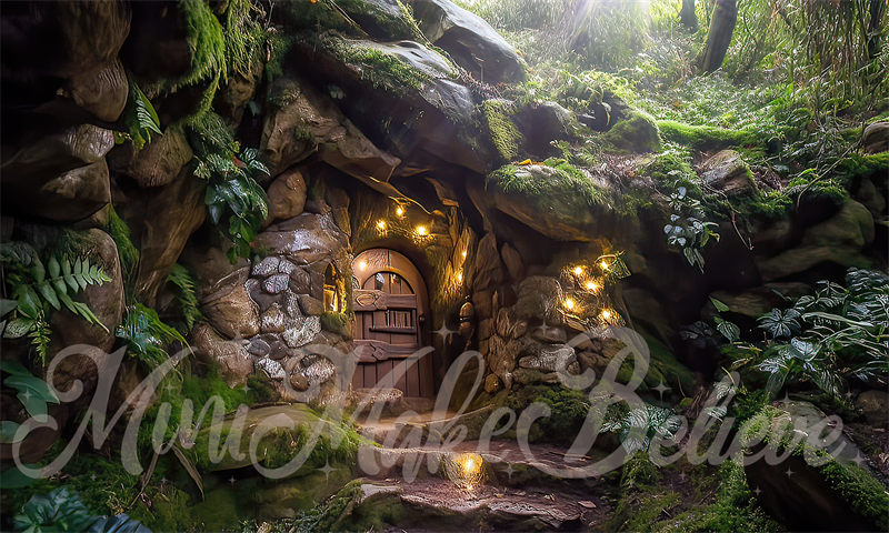Kate Painterly Hobbit Gnome Elf Fairy Home on Rocks in Forest Backdrop Designed by Mini MakeBelieve