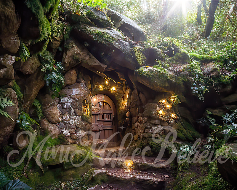 Kate Painterly Hobbit Gnome Elf Fairy Home on Rocks in Forest Backdrop Designed by Mini MakeBelieve