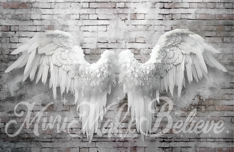 Kate Painterly Light Angel Wings on Distressed White Brick Backdrop Designed by Mini MakeBelieve