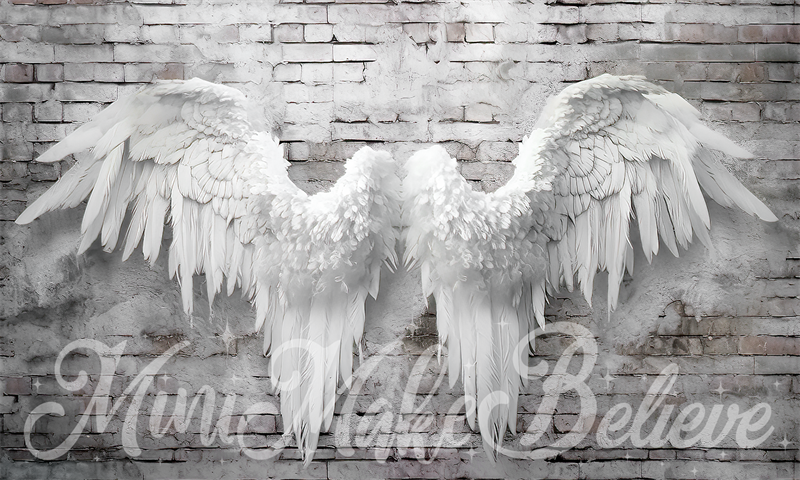 Kate Painterly Light Angel Wings on Distressed White Brick Backdrop Designed by Mini MakeBelieve
