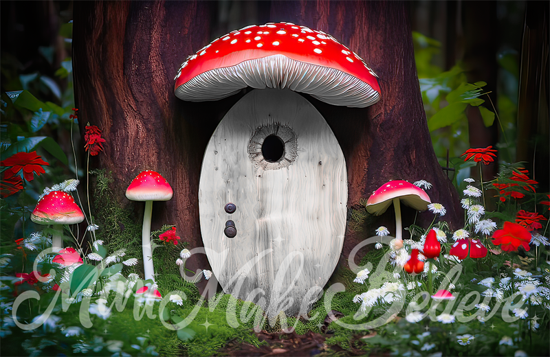 Kate Painterly Mushroom Door Elf Fairy in Forest Backdrop Designed by