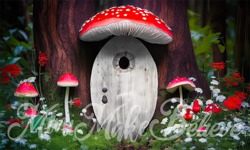 Kate Painterly Mushroom Door Elf Fairy in Forest Backdrop Designed by Mini MakeBelieve