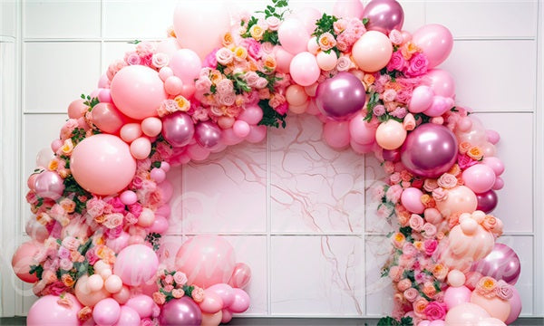 Kate Painterly Art Fun Flowers Balloon Arch Pink Interior Marble Cake Smash Birthday Backdrop Designed by Mini MakeBelieve