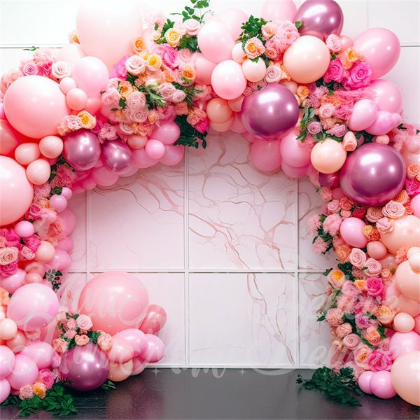 Kate Painterly Art Fun Flowers Balloon Arch Pink Interior Marble Cake Smash Birthday Backdrop Designed by Mini MakeBelieve