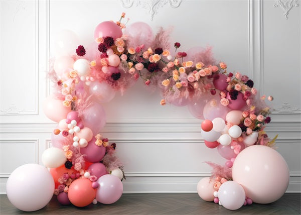 Kate Painterly Baby Spring Flowers Balloon Arch Interior Birthday Cake Smash Backdrop Designed by Mini MakeBelieve