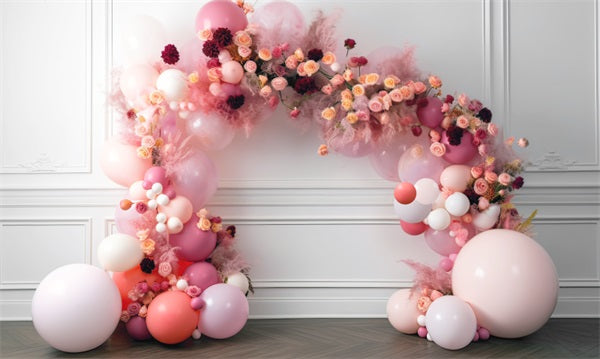 Kate Painterly Baby Spring Flowers Balloon Arch Interior Birthday Cake Smash Backdrop Designed by Mini MakeBelieve