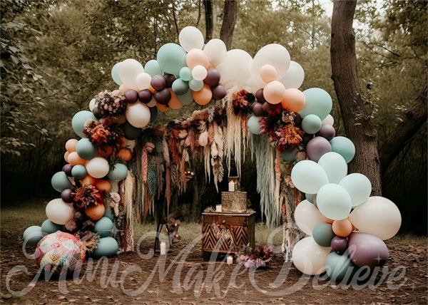 Kate Painterly Fine Art Boho Muted Pastel Balloons Arch Woodlands Backdrop Designed by Mini MakeBelieve