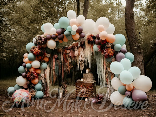 Kate Painterly Fine Art Boho Muted Pastel Balloons Arch Woodlands Backdrop Designed by Mini MakeBelieve