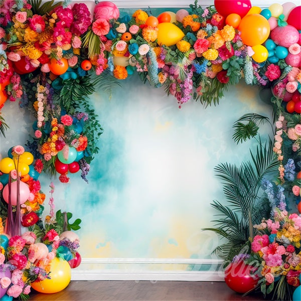 Kate Painterly Fine Art Fun Tropical Flower Balloon Arch Watercolor Wall Backdrop Designed by Mini MakeBelieve