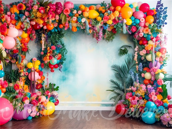 Kate Painterly Fine Art Fun Tropical Flower Balloon Arch Watercolor Wall Backdrop Designed by Mini MakeBelieve