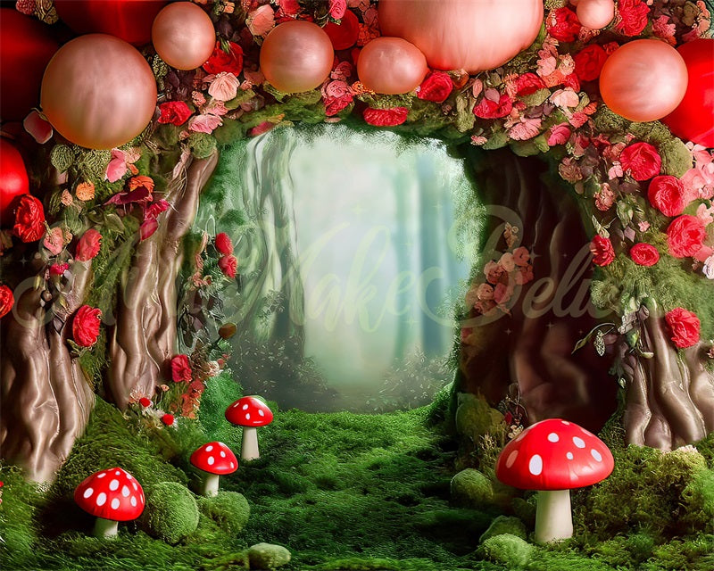 Kate Mushroom Forest with Scattered Balloons Backdrop Designed by Mini MakeBelieve