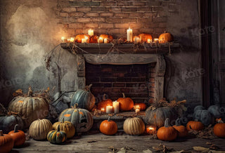 Kate Autumn Halloween Fireplace Pumpkin Shabby Wall Printed Backdrop Designed by Chain Photography