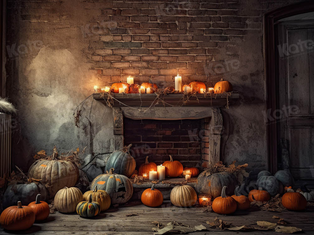 Kate Autumn Halloween Fireplace Pumpkin Shabby Wall Backdrop Designed by Chain Photography