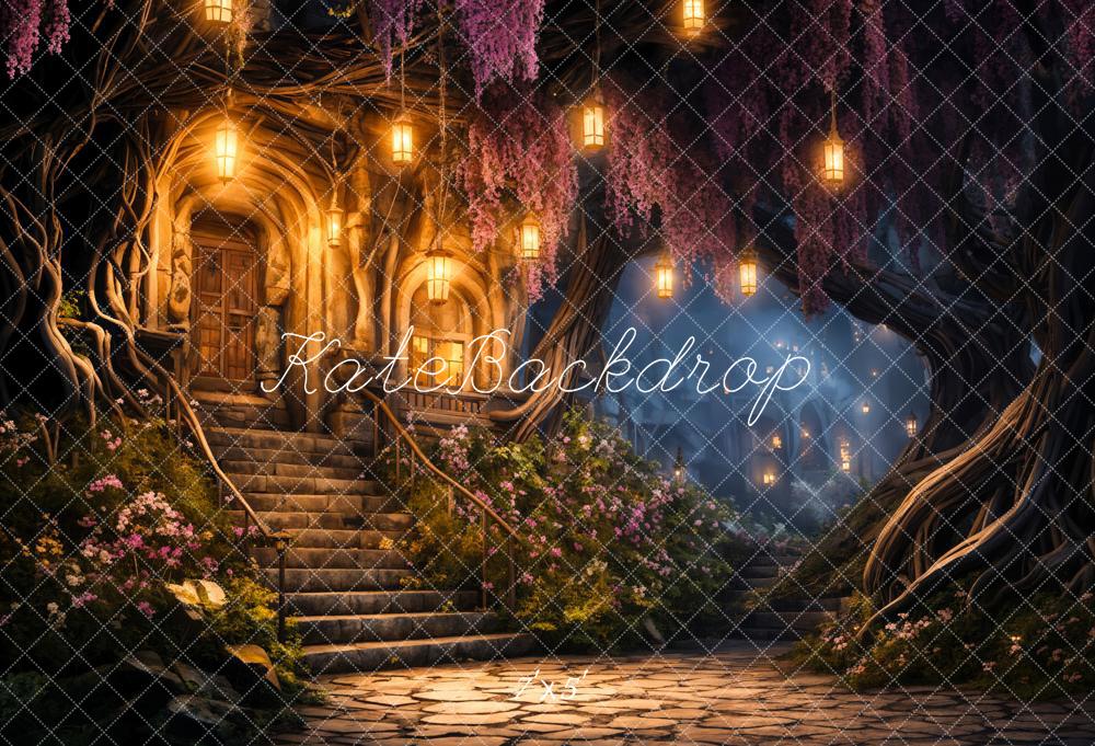 Kate Pet Spring Night Lights Forest Cabin Backdrop Designed by Chain Photography