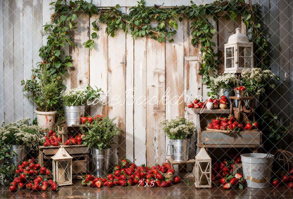 Kate Spring Green Plant Strawberry Wood Board Wall Backdrop Designed by Emetselch