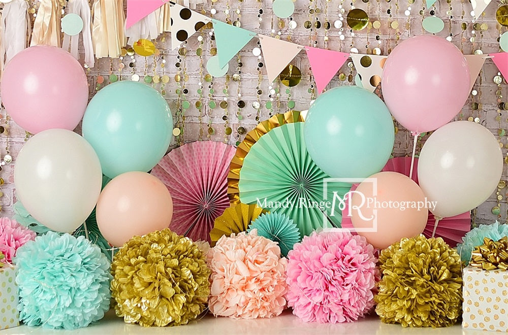 TEST Kate Pink Teal Peach Gold and White Birthday Backdrop Designed by Mandy Ringe Photography