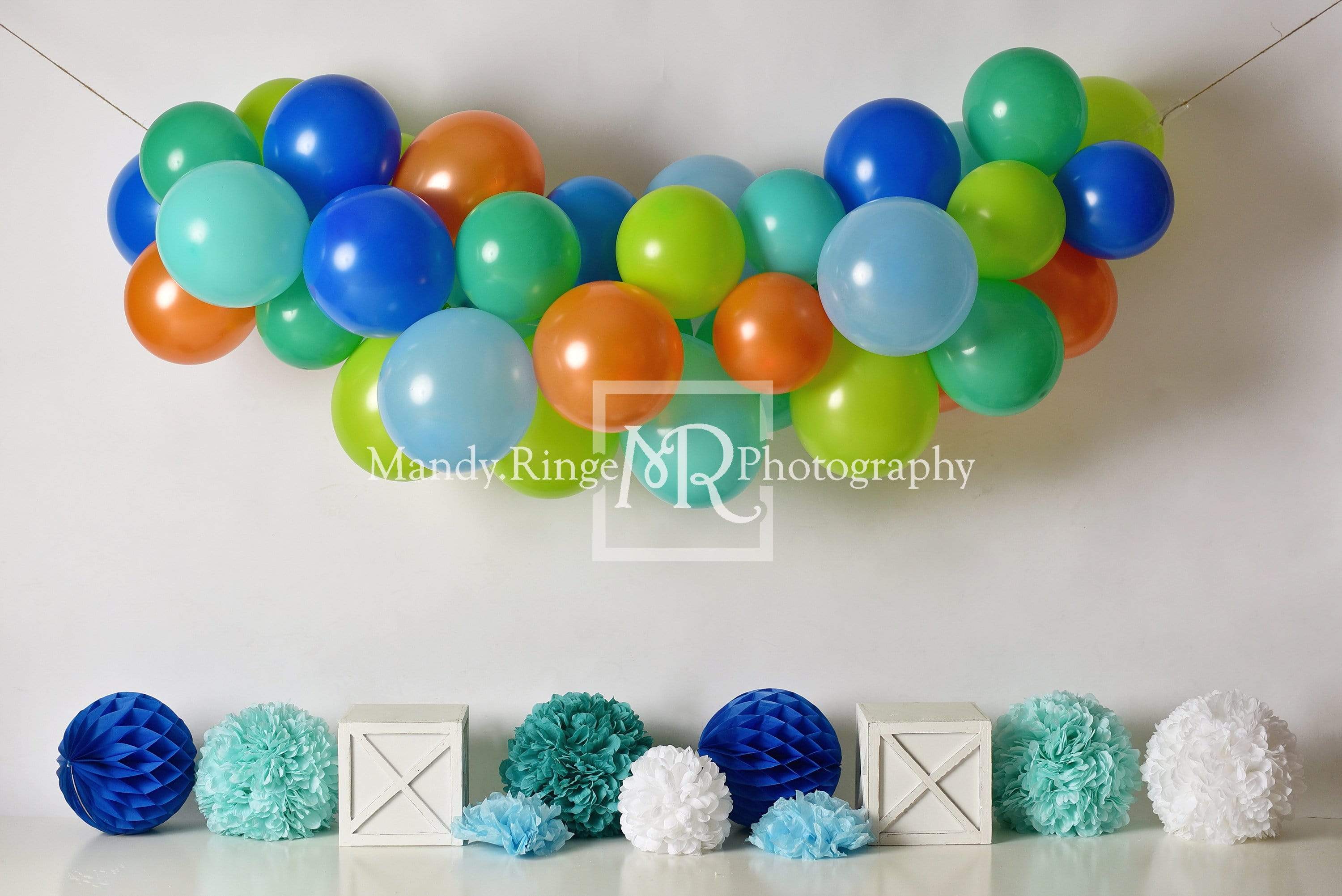 Katebackdrop£ºKate Blue Orange Green Birthday Balloons Backdrop for Photography Designed By Mandy Ringe Photography