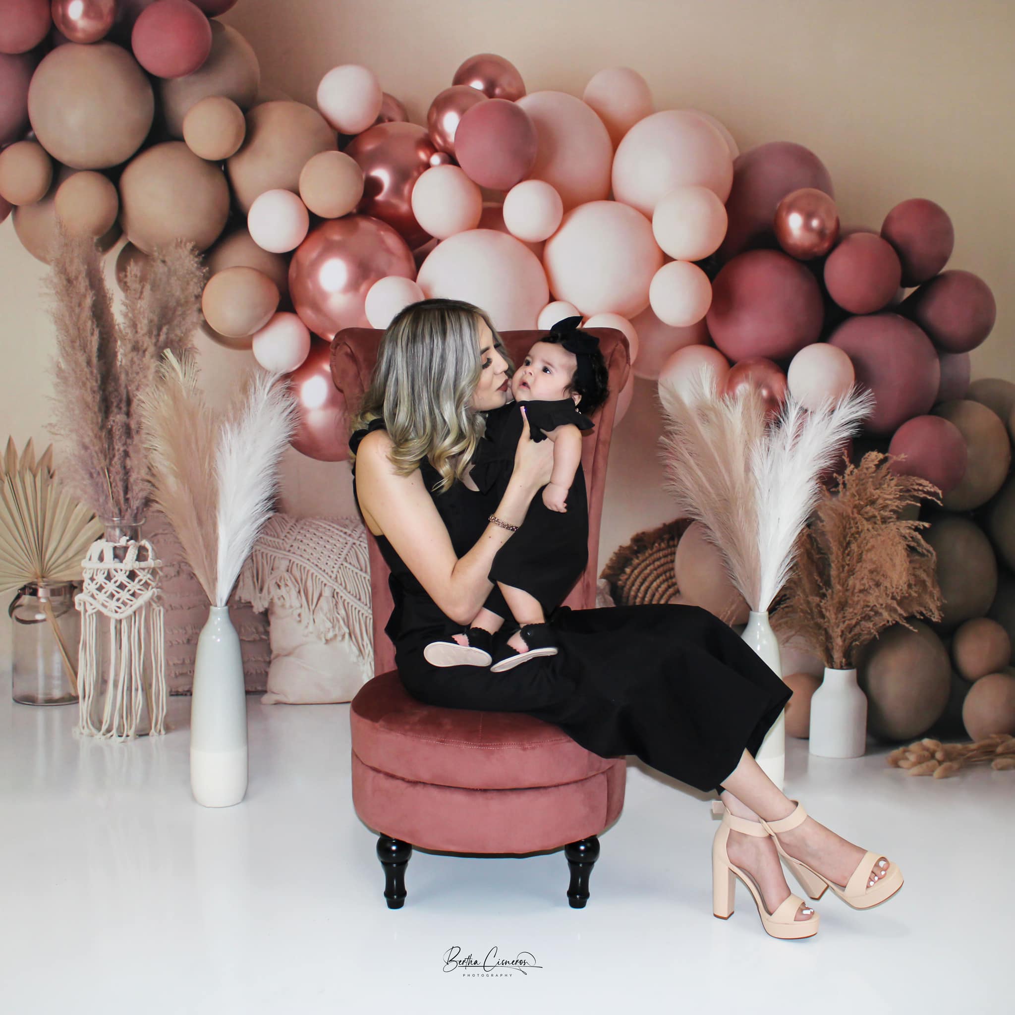 Kate Boho Balloons Backdrop Macrame Pillows Matte Pink Designed by Mandy Ringe Photography