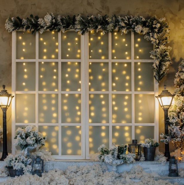 Kate Christmas Door Backdrop Winter Snow Bright Lights for Photography