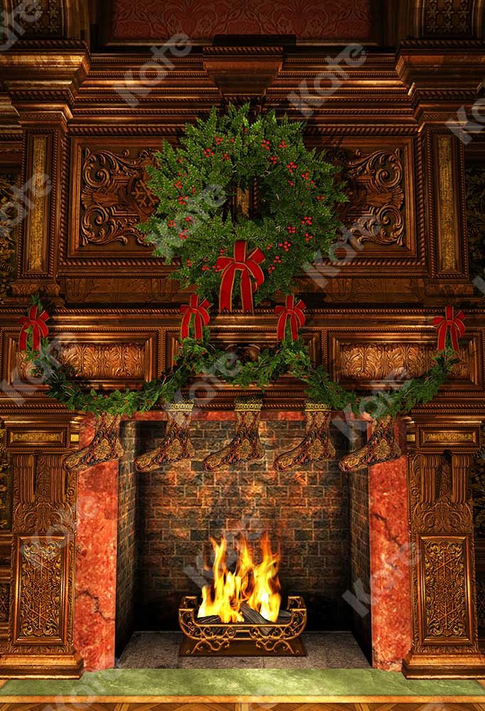 Kate Christmas Fireplace Stockings Backdrop Photography