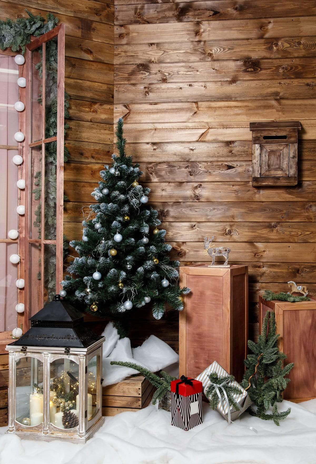 Katebackdrop£ºKate Wood Wall And Christmas Tree With Decorations for Photography