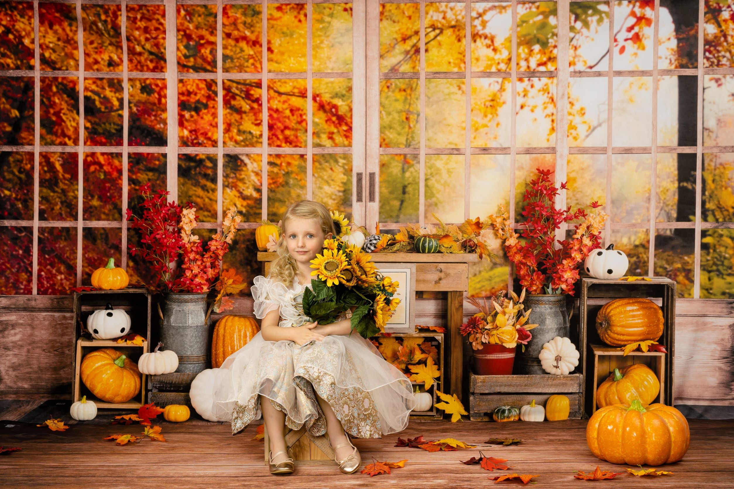 Kate Autumn Backdrop Pumpkin Halloween Thanksgiving Sunflower Window Designed by Uta Mueller Photography