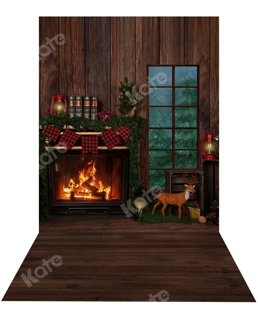 Kate Christmas Window Backdrop+ Wood Rubber Floor Mat