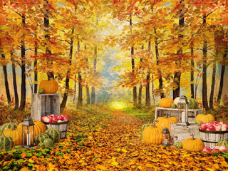 Kate Thanksgiving Autumn Forest Path Maple Leaves Pumpkins Printed Backdrop Designed By Jerry_Sina