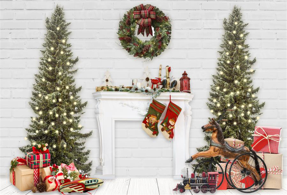 Kate Xmas Backdrop Fireplace Christmas Tree White Brick Wall Designed By JS Photography