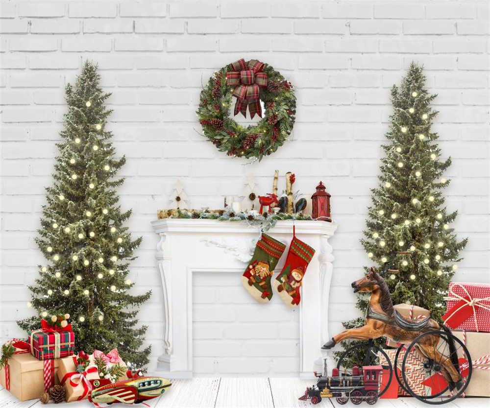 Kate Xmas Backdrop Fireplace Christmas Tree White Brick Wall Designed By JS Photography