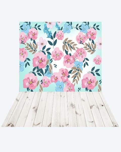 Kate Retro Spring Flowers Backdrop + White Wood Rubber Floor Mat