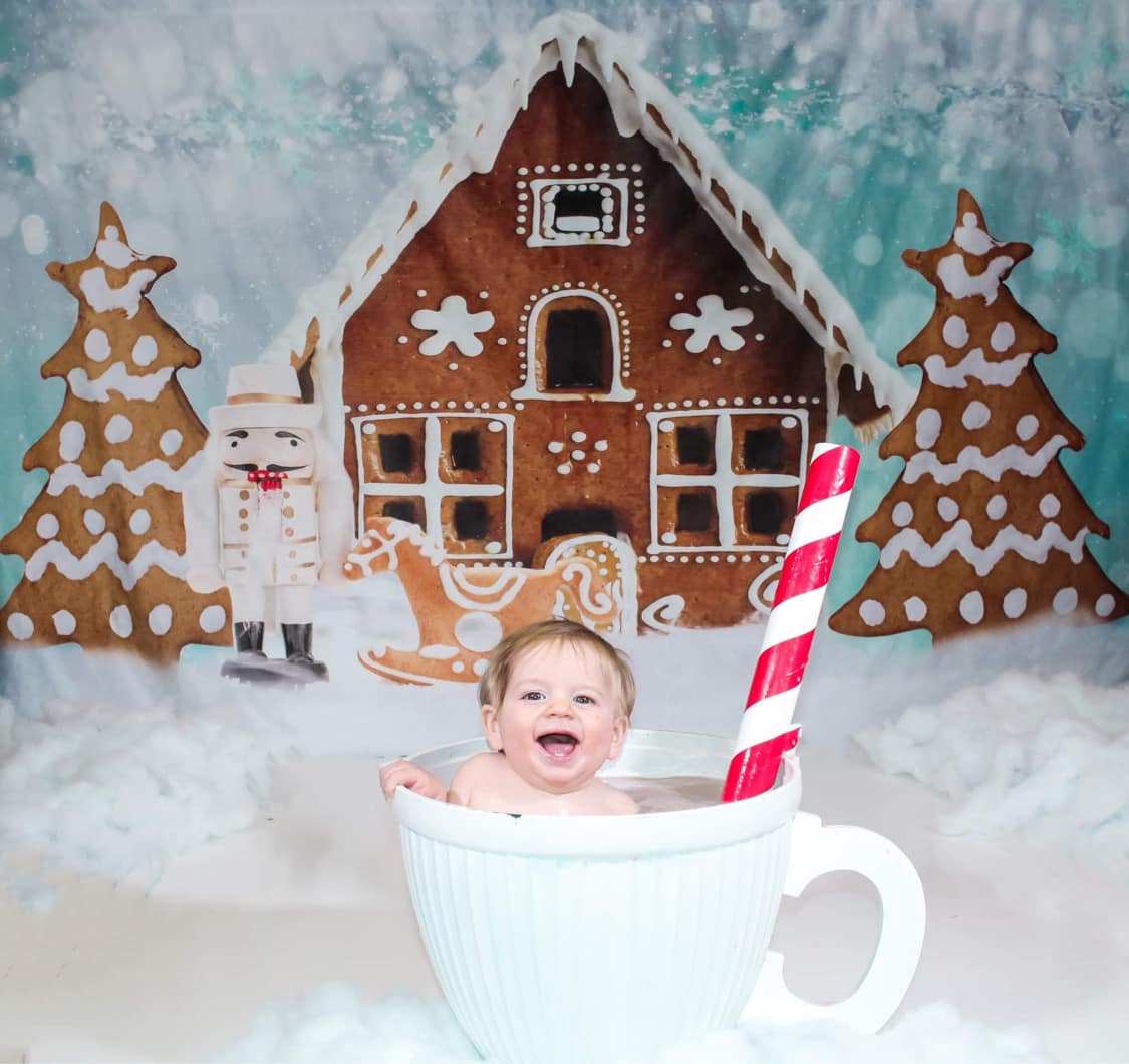 Kate Christmas Gingerbread House Hot Cocoa Backdrop for Photography