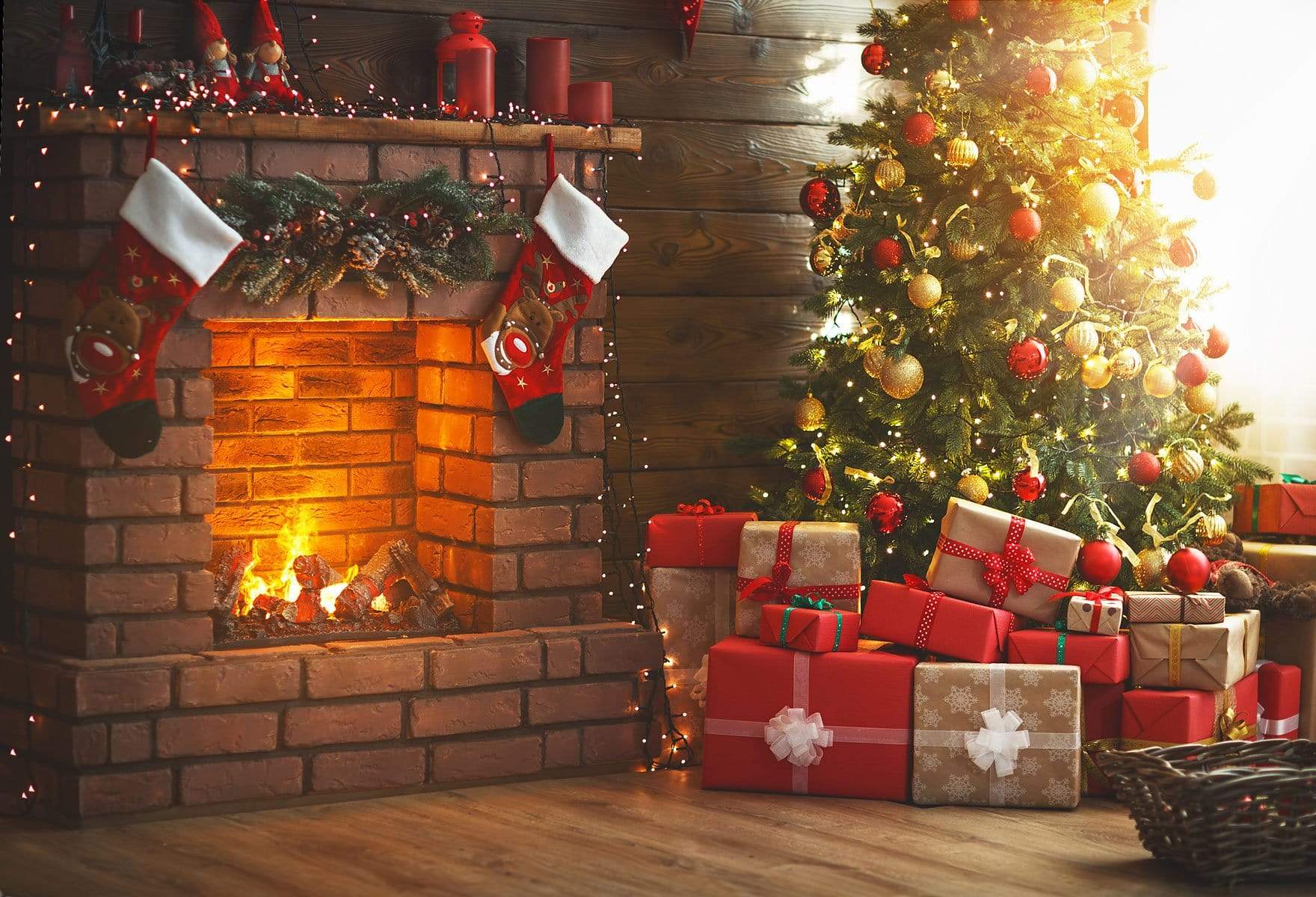 Katebackdrop鎷㈡綖Kate Winter Christmas trees  Fireplace  Stockings  Christmas Gifts for Pictures