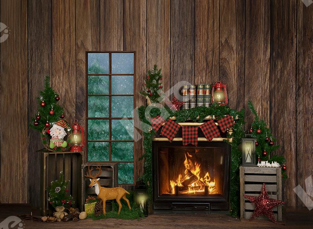 Kate Christmas Backdrop Wood Indoor Fireplace Designed by Jia Chan Photography