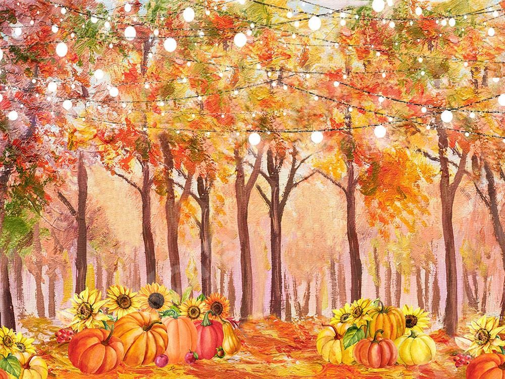 Kate Fall Forest Backdrop Pumpkins Lights Watercolor Designed by GQ