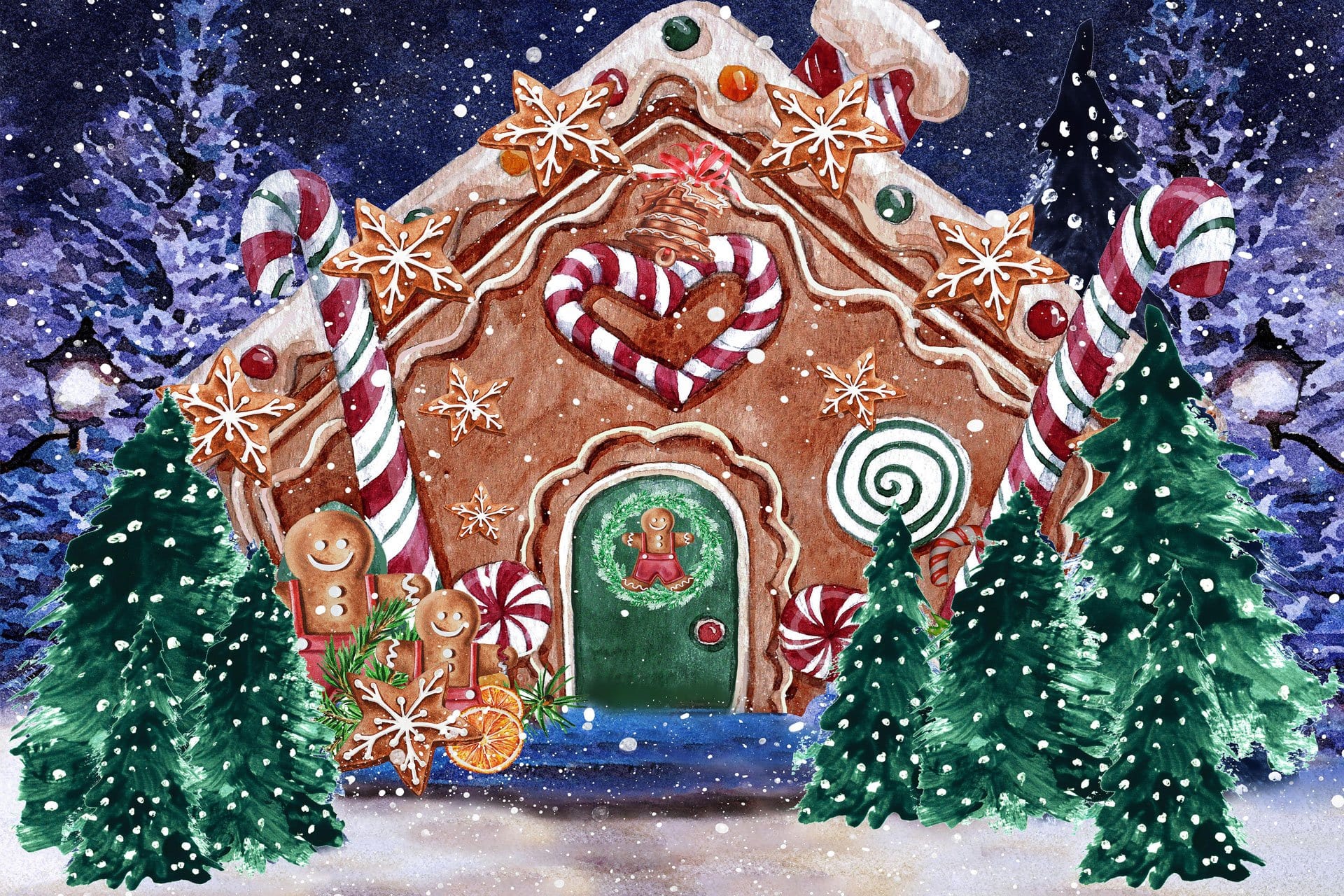 Kate Christmas Hot Cocoa Backdrop Outside Gingerbread House Designed by GQ