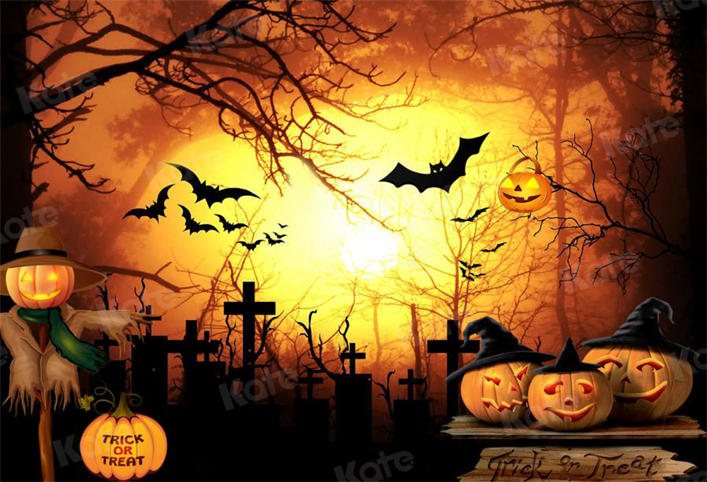 Kate Halloween Cemetery Bats Pumpkin Backdrop Designed by Chain Photography