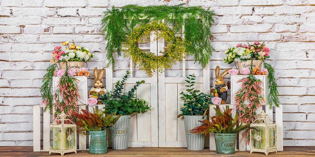 Kate Spring Easter Bunny Vines Door White Brick Wall Backdrop Designed by Emetselch
