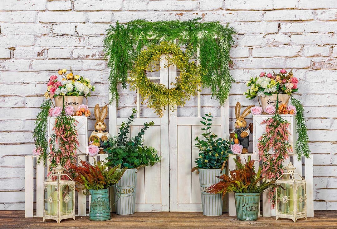 Kate Spring Easter Bunny Vines Door White Brick Wall Backdrop Designed by Emetselch - Kate Backdrop