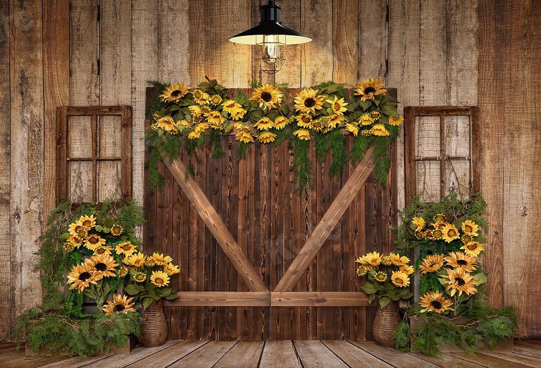 RTS Kate 7x5ft(2.2x1.5m) Summer Sunflowers Wood Door Barn Backdrop (U.S. only)