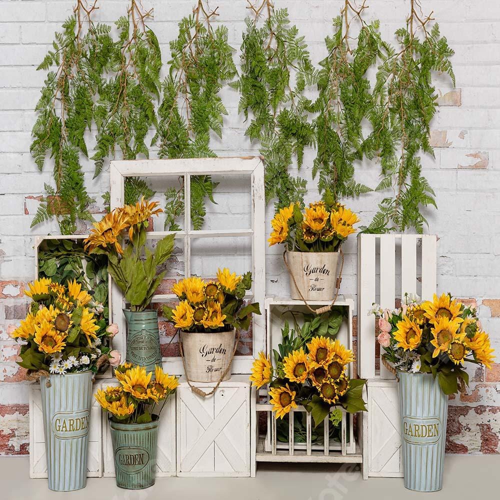 Kate Spring Sunflowers White Brick Wall Backdrop Designed by Emetselch