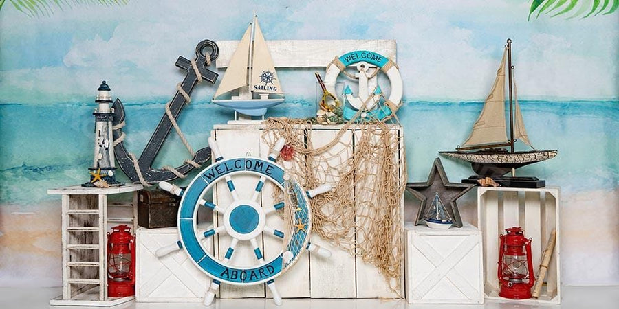 Nautical Beachfront Sailing Adventure Backdrop