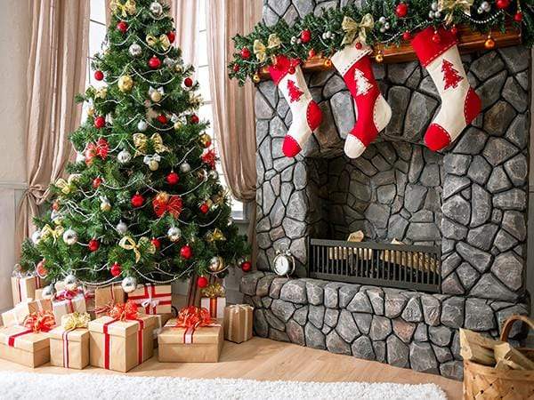 Katebackdrop£ºKate Christmas Tree Backdrop Gift Box Stove Sock for Photography US