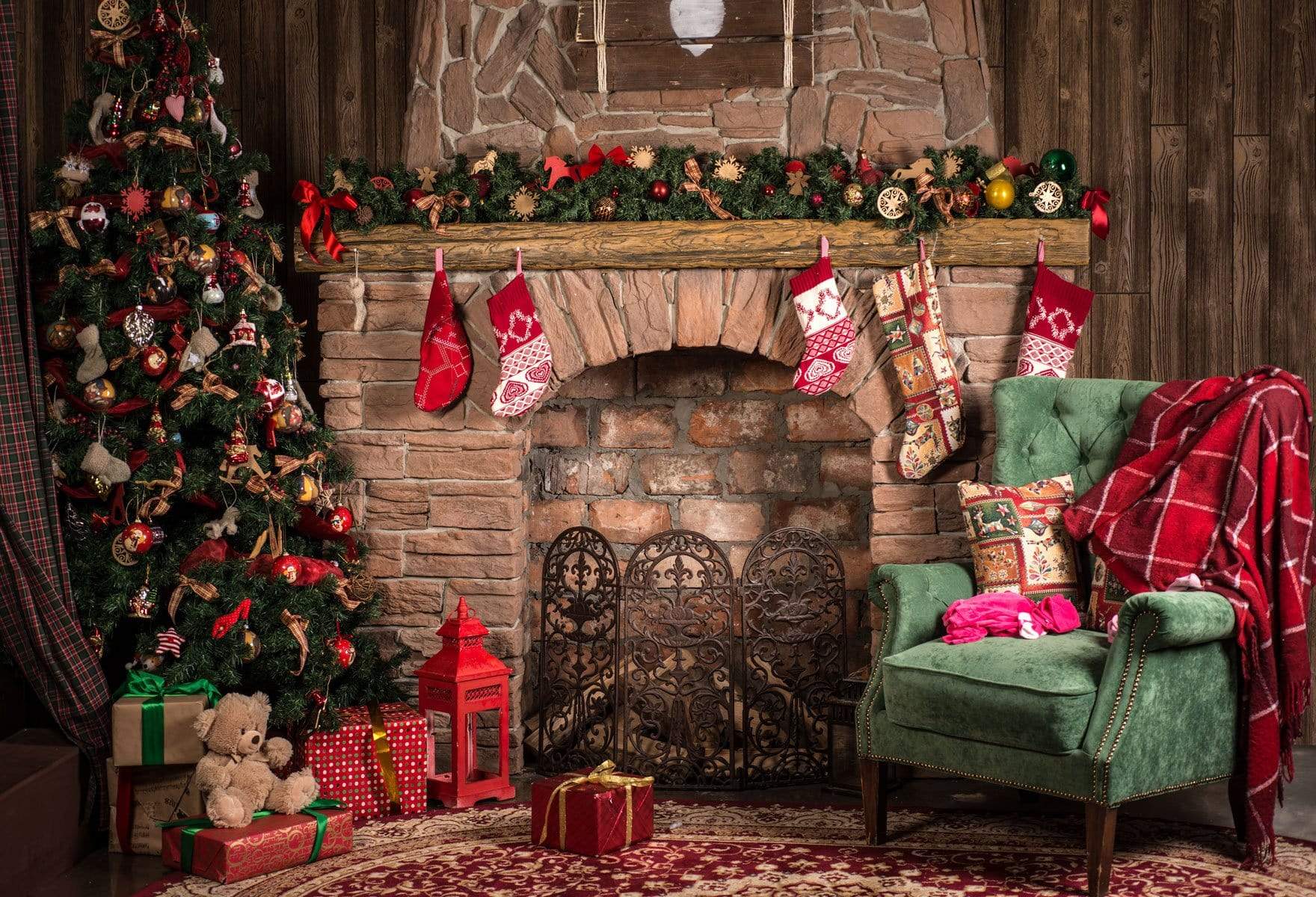 Katebackdrop£ºKate Christmas Fireplace parlor Decorations Backdrop for Photography