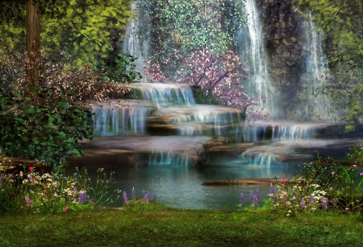 Serene Cascading Waterfall Garden Backdrop