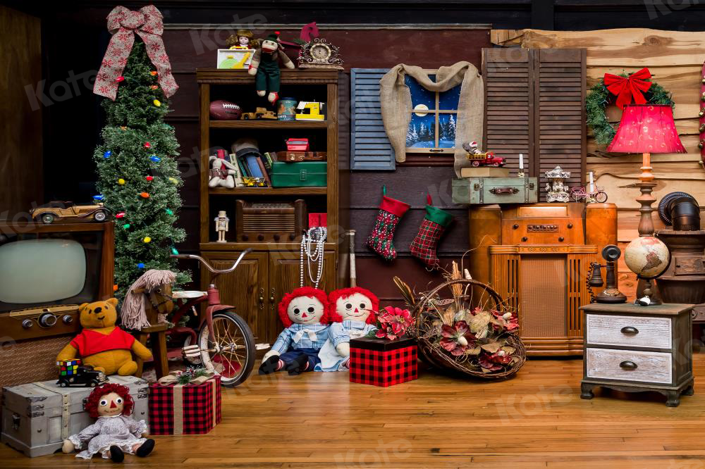 Kate Rustic Christmas Vintage Cabin Santa toy shop Backdrop for Photography